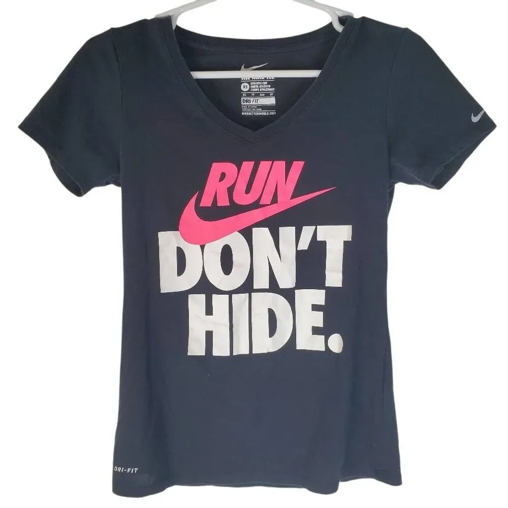 Nike Dri-Fit V-neck Run Dont Hide Short Sleeve Athletic Cut Graphic Tee Black XS
